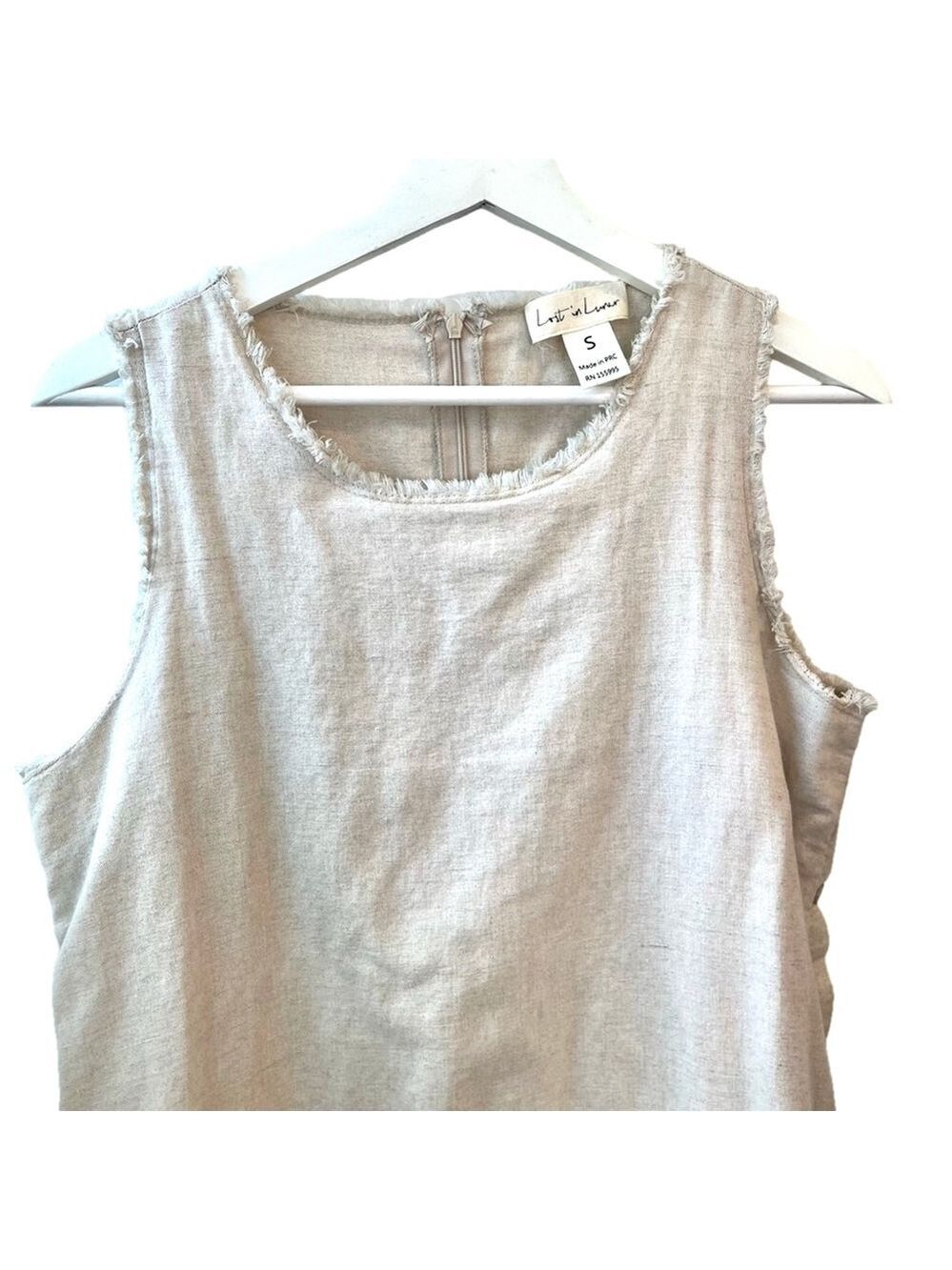 Lost in Lunar Linen Cotton Shift Dress Fringe Trim, Beige Oatmeal Sleeveless, S - Picture 16 of 16